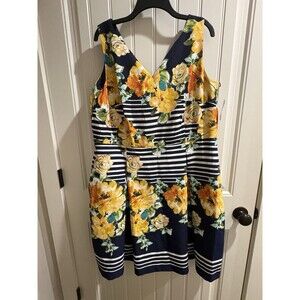 Dress Barn 18W Sleeveless Fit Flare Navy Blue Stripe & Floral Dress Cut Out Back